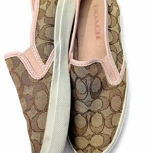 Coach Tan Logo Slip-On Sneakers with Pink Trim size 8B women